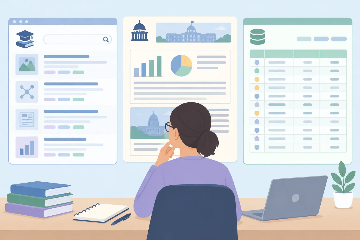 Researcher comparing a journal database, government report and dataset