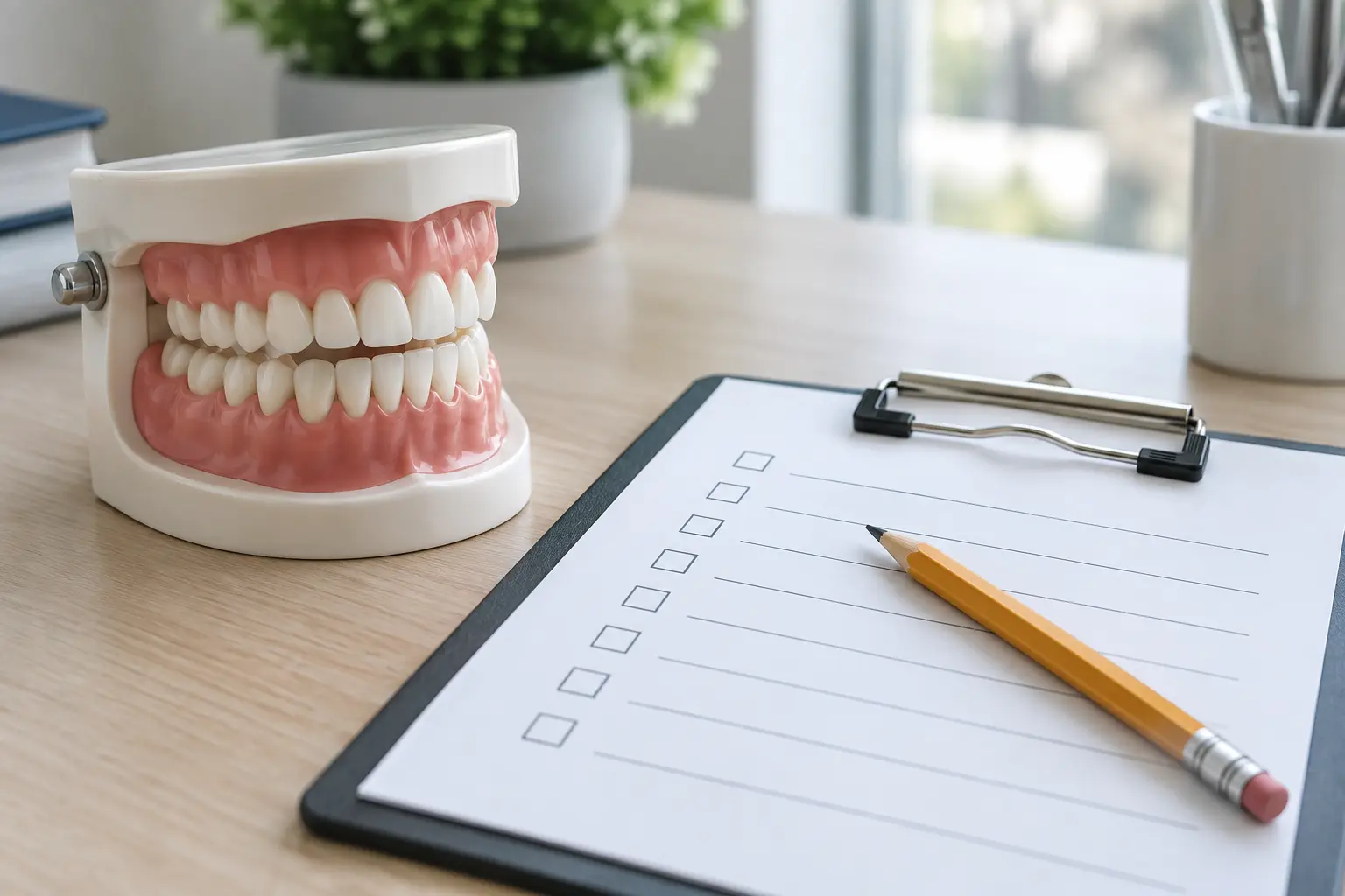 Dental model and calibration checklist on a desk