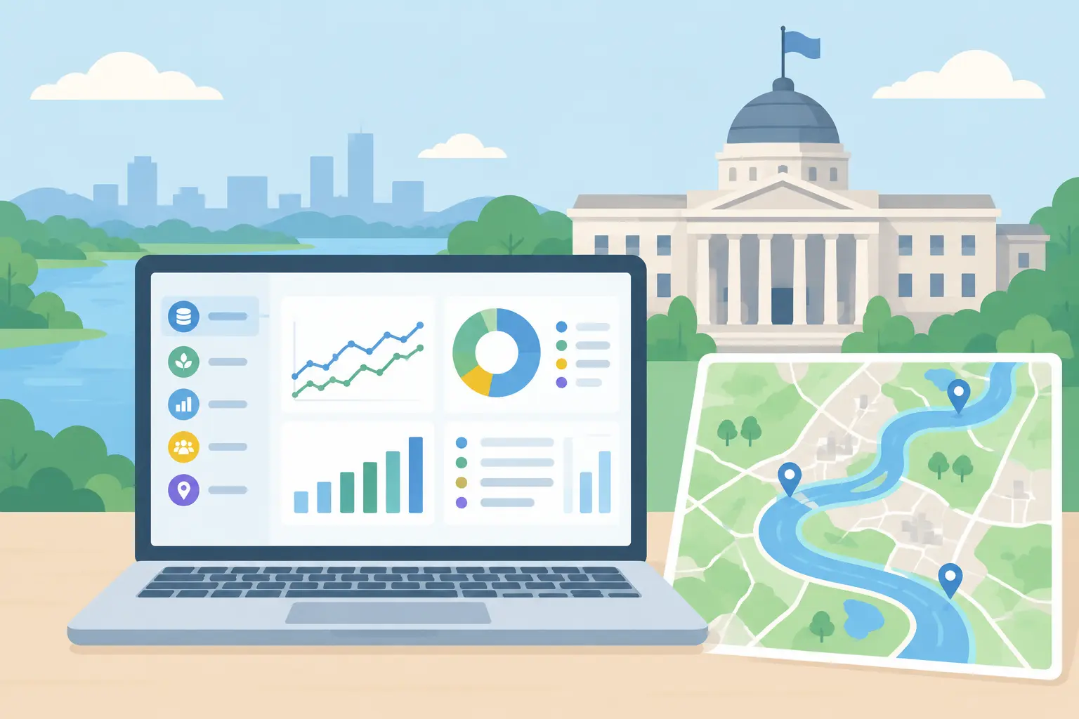 Open data portal with charts, agency building and river map