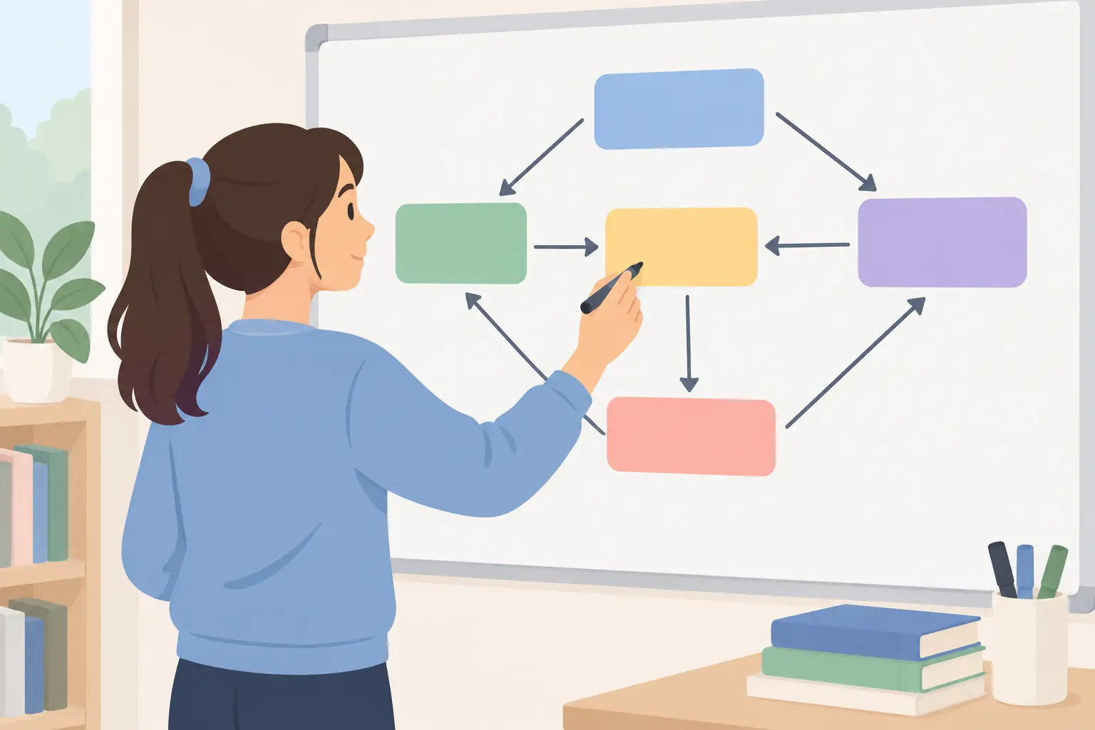 Student drawing a framework diagram on a whiteboard linking variables with arrows
