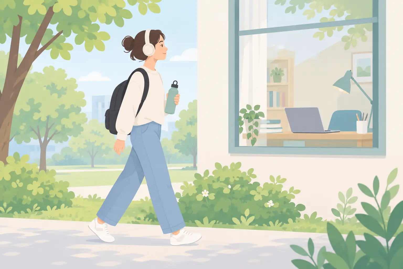 Student taking a short walk with a water bottle during a writing break instead of smoking