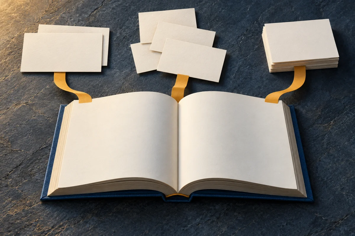 Open book and three groups of blank research-note cards, illustrating task organisation.