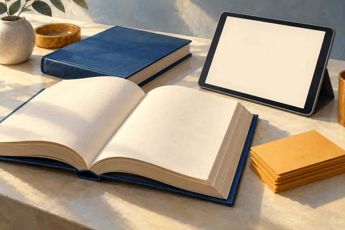 Open books, a tablet and research-note cards representing an organised examiner-response workflow