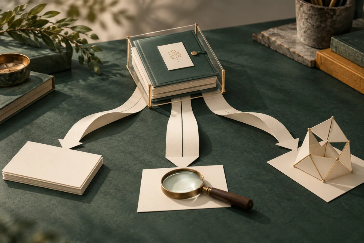 A bounded research folder connects by three paper paths to blank cards, a magnifying glass and a geometric model