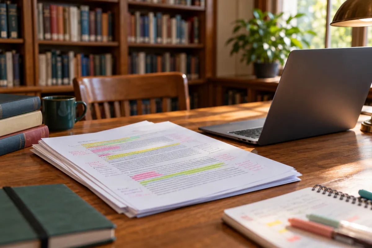 Student annotating a printed research proposal template draft at a library desk