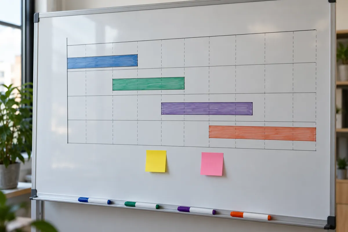 Whiteboard Gantt chart showing the phased timeline of a research proposal