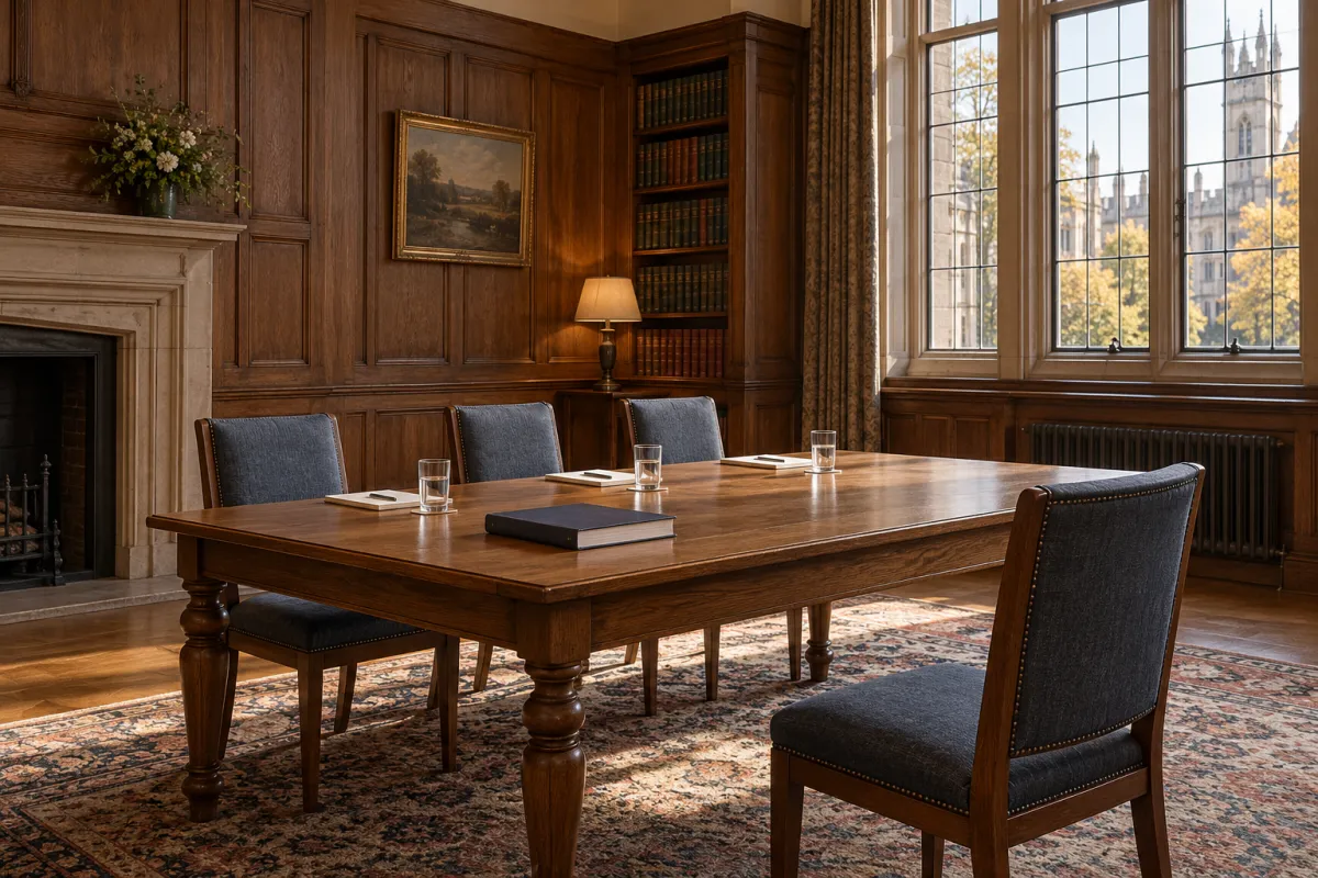 Empty wood-panelled seminar room with a table, chairs, water glasses and a bound thesis set out for a closed oral examination
