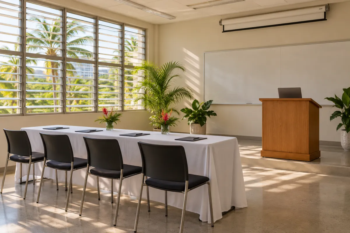 Bright empty classroom with a panel table, chairs and a lectern prepared for a thesis defense
